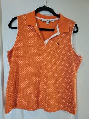 Tommy Hilfiger Sleeveless Polo Shirt Womens XL Orange White Polka Dot Golf Top